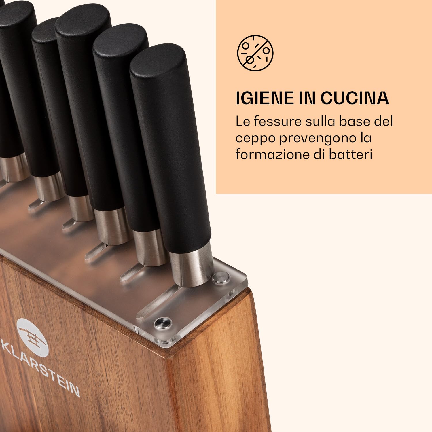 Klarstein Coltello da cucina, set di 7 coltelli da cucina professionale con blocco, set di coltelli e utensili da cucina in acciaio inox, kit di supporto blocchi coltelli professionali, resistenti ai