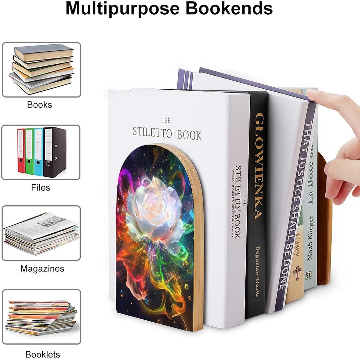 White Rose with Rainbow Colored Petals Cute Wood Book Ends Decorative Bookends 1 Pair Non-Skid for Shelves Home Office 7 X 5 Inch