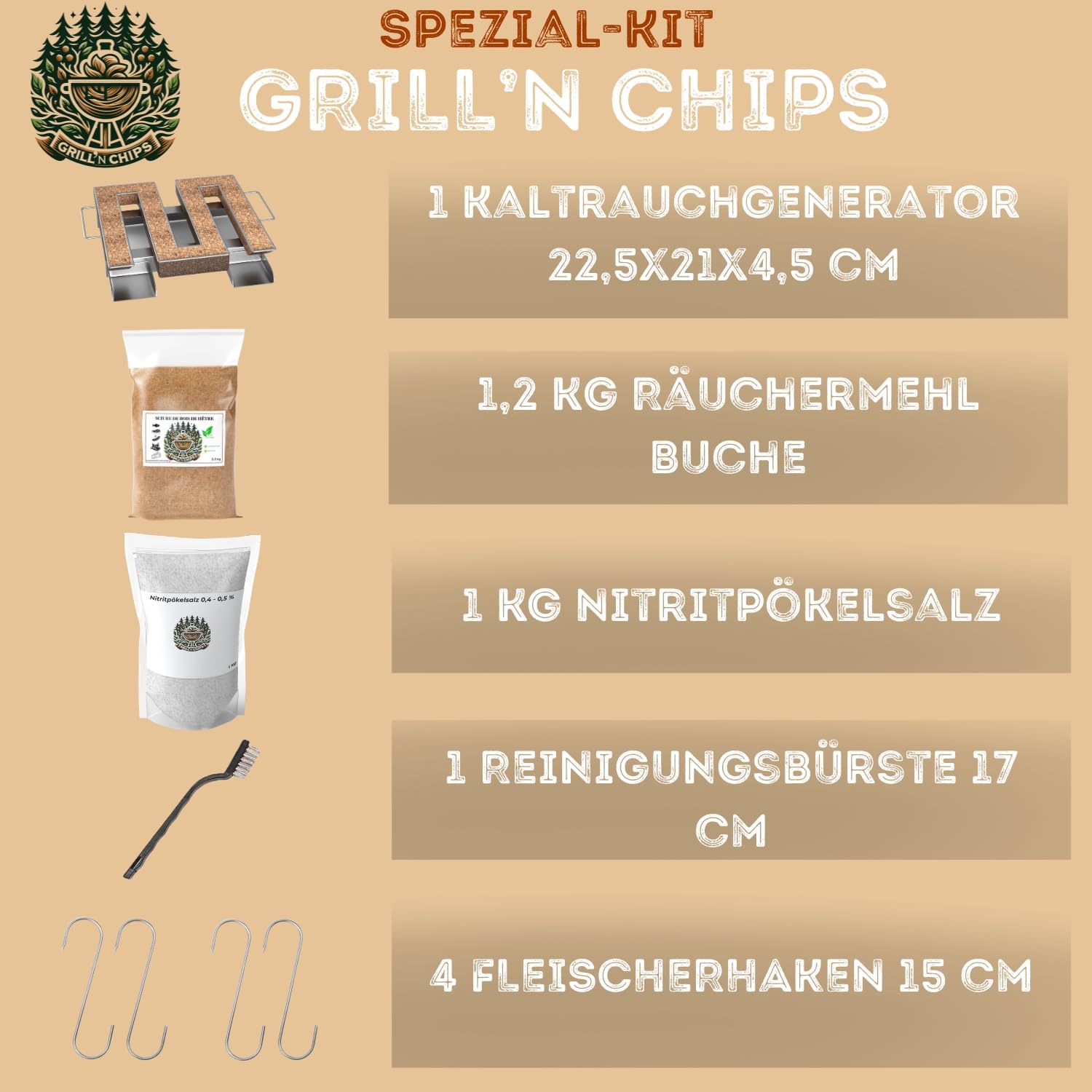Generatore di affumicatori freddo/lumaca per affumicatoio carne e pesce + 1,2 kg di farina di faggio + 1 kg di sale nitrito + 4 ganci da macellaio e spazzola per la pulizia - E-book gratuito