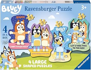 Ravensburger Kinderpuzzle 03132 - Bluey: Auf geht's! - 4 konturgeformte Puzzles mit 10, 12, 14 und 16 großen, stabilen Puzzleteilen, für kleine Bluey-Fans ab 3 Jahren