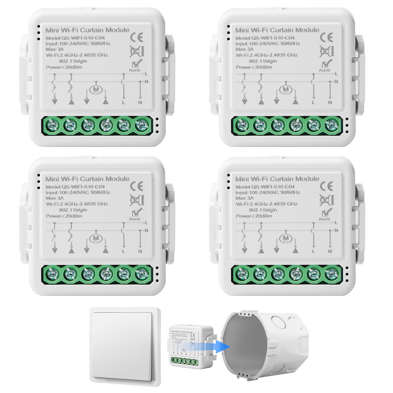 4 interruptores inteligentes WiFi para persianas, módulo con ajuste de tiempo de funcionamiento para cortinas, persianas, toldos, compatible con Google Home/Smart Life/Tuya