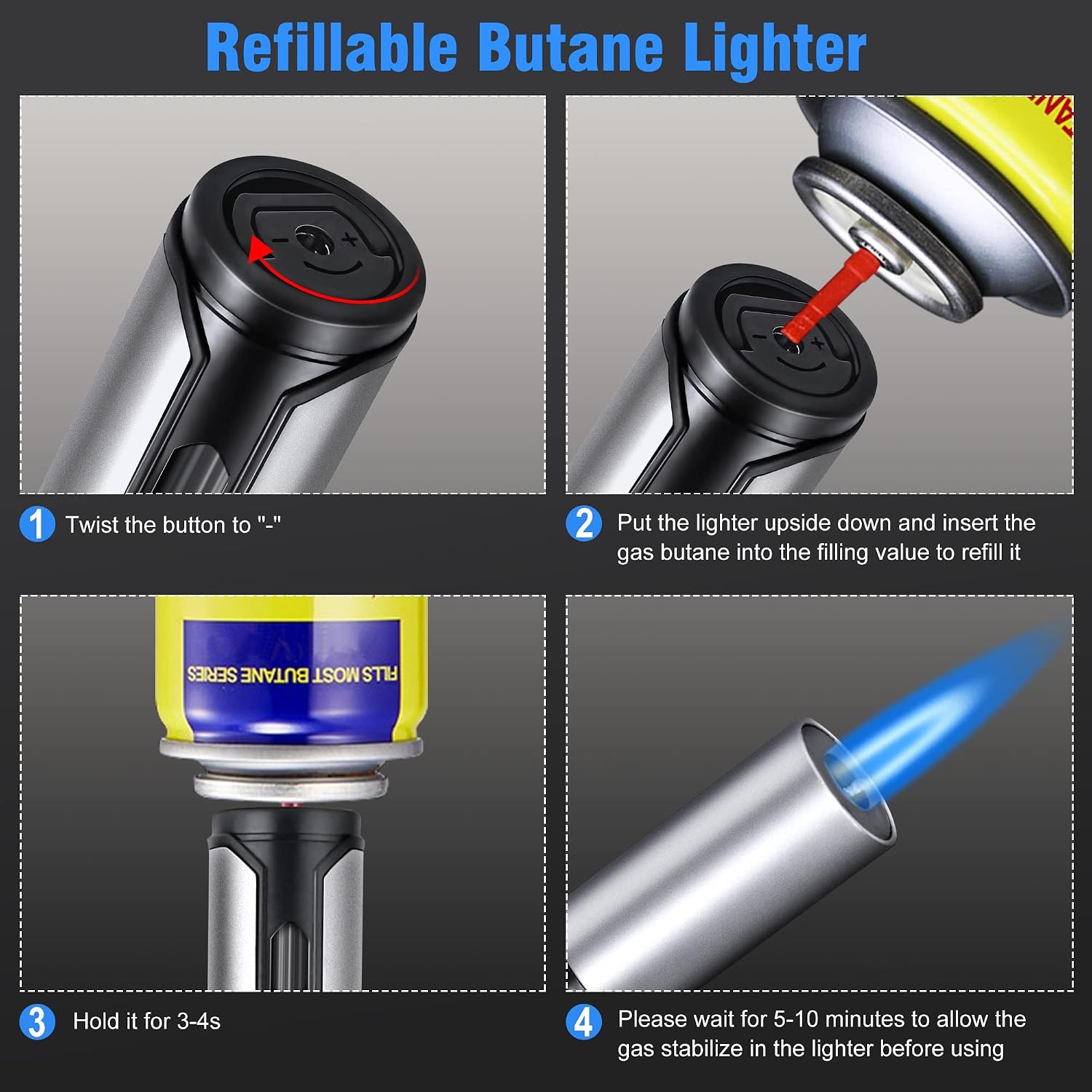 IEIK Butane Torch Lighter 2 Pack Refillable Torch Lighter Adjustable Jet Flame Butane Lighter Long Pen Lighter for BBQ Stove Grill Candle Camping 6-inch (Gas Not Included)