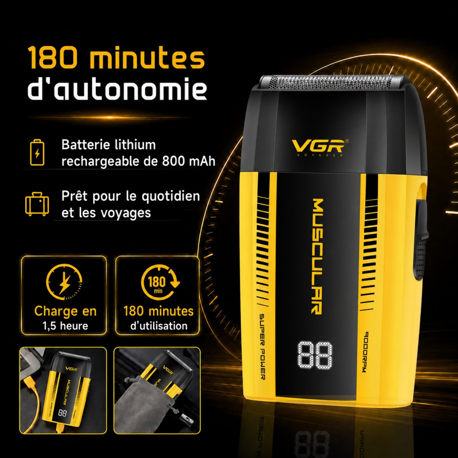 VGR 285S Shaver Homme Sans Fil, Rasoirs à Grille Homme Avec Moteur 9000 RPM