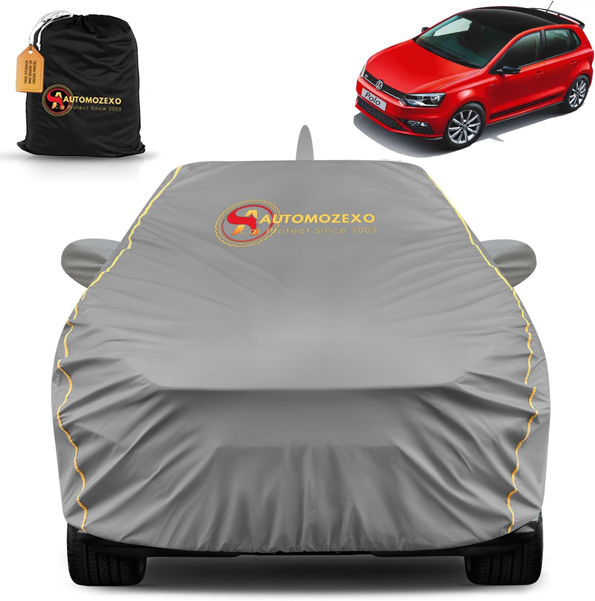 Volkswagn Polo 100% Waterproof Car Cover for All Weather Protection with Mirror & Antena Pocket Inner Cotton Triple Stitched Cover with Adjustable Belt Bottom Elastic to Secure Fit -Grey