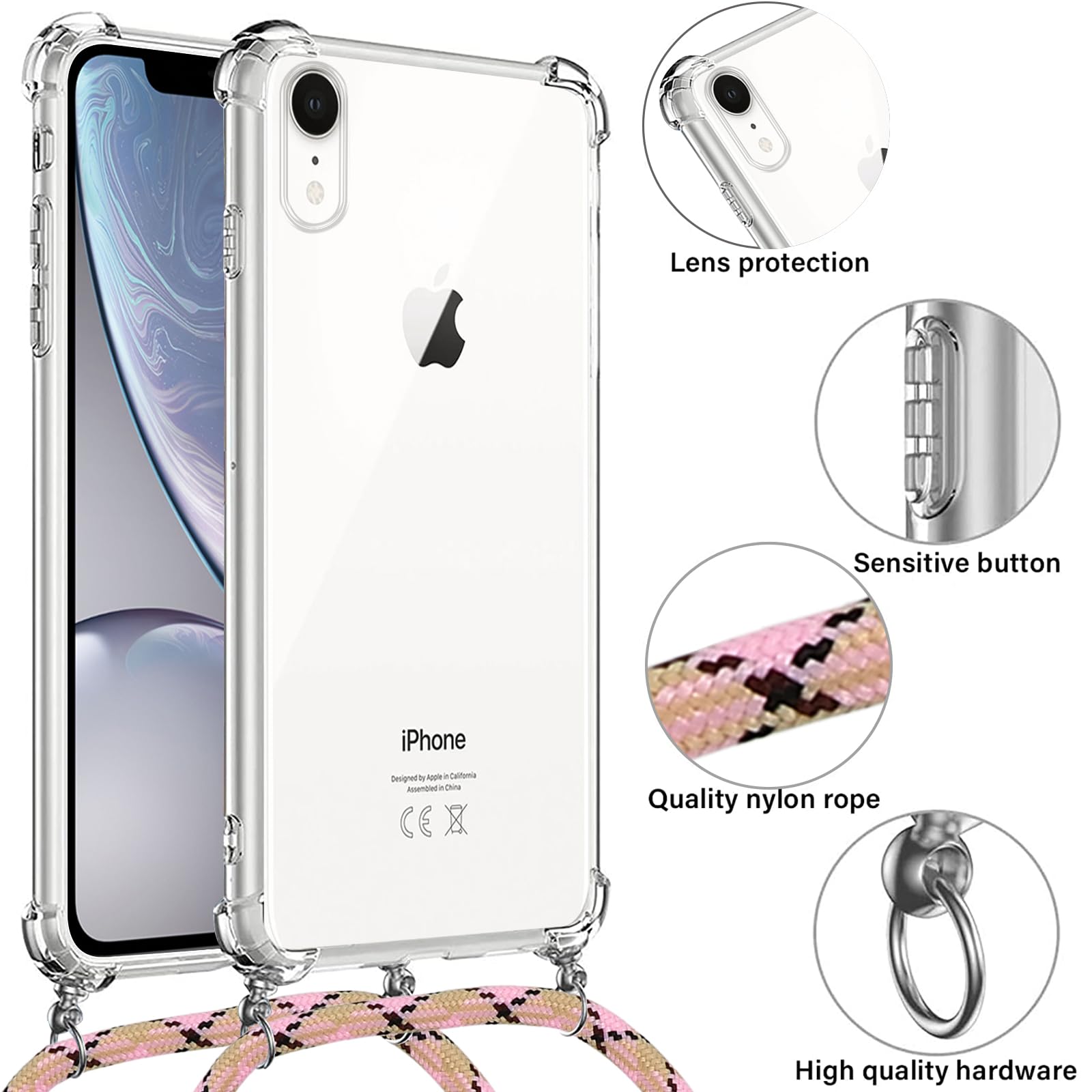 Vauki Cover Glitter con Cordino per iPhone XR 6.1, Custodia Trasparente Glitterate con Collana PC Case Antiurto con Corda Regolabile Tracolla Sparkle per iPhone XR, Rosa