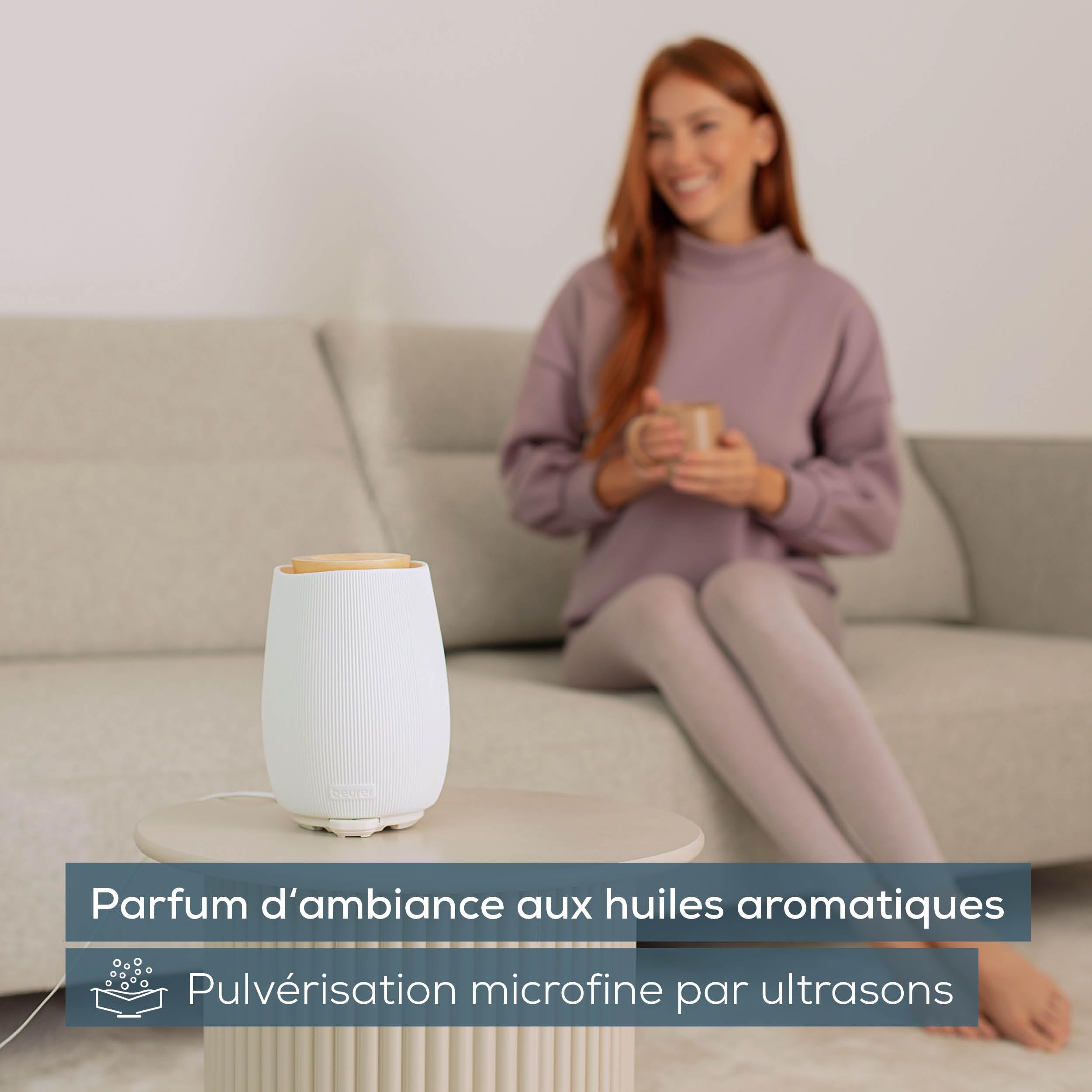 Beurer LA 45 Diffuseur d'arôme pour huiles essentielles, nébuliseur à ultrasons pour aromathérapie, lumière LED en 9 Couleurs, boîtier en céramique & Couvercle en Bois, minuterie & arrêt Automatique