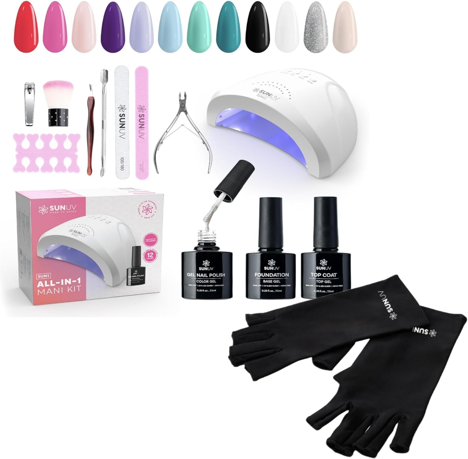 SUNUV UV Gloves for Nail Techs, Gel Nail Polish Kit with UV Light 12 Colors