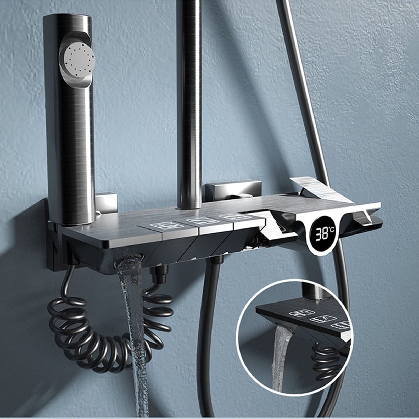 Set Rubinetto Doccia con Display Digitale, Set di Tasti per Pianoforte a 4 funzioni, doccetta a Pioggia, beccuccio per Vasca da Bagno con Bidet, Vasca da Bagno Grigia