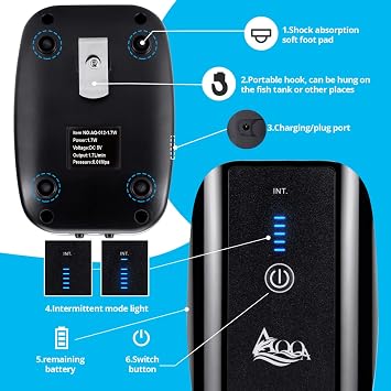 AQQA Aquarium Rechargeable Air Pump,Multifunctional Portable Energy Saving Power Quiet Oxygen Pump, One/Dual Outlets with Air Stone,Suitable for Indoors Power Outages Fishing