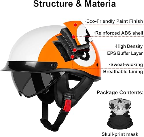 Miniatura 5 de Medio casco de motocicleta con visera para adultos y jóvenes, cascos retro aprobados por DOT para hombres y mujeres, compatibles con ciclomotor,