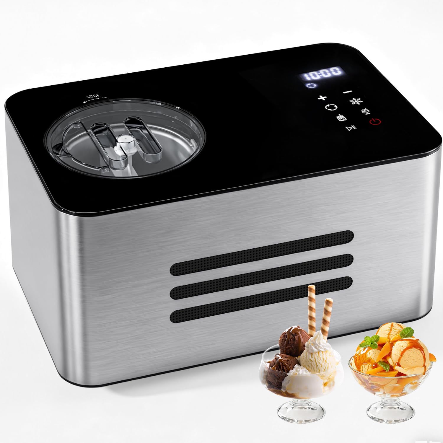 QUWRI 2.1 quart compressor ice cream maker with LCD timer in stainless and plastic
