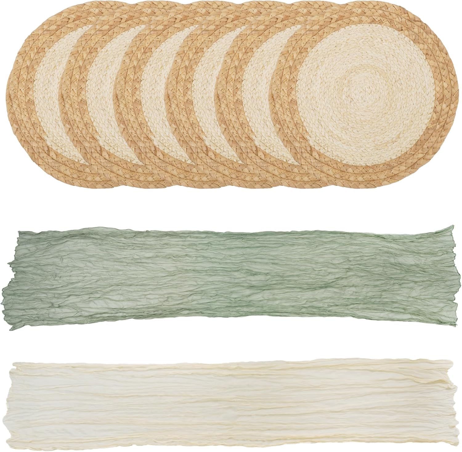 PuTian Woven Round Placemats 12'' Set of 6, Cheesecloth Table Runner 2 Pcs, Handmade Boho Natural Water Hyacinth Corn Husk Table Mats for Farmhouse Wedding Party Kitchen Rustic Home Decor