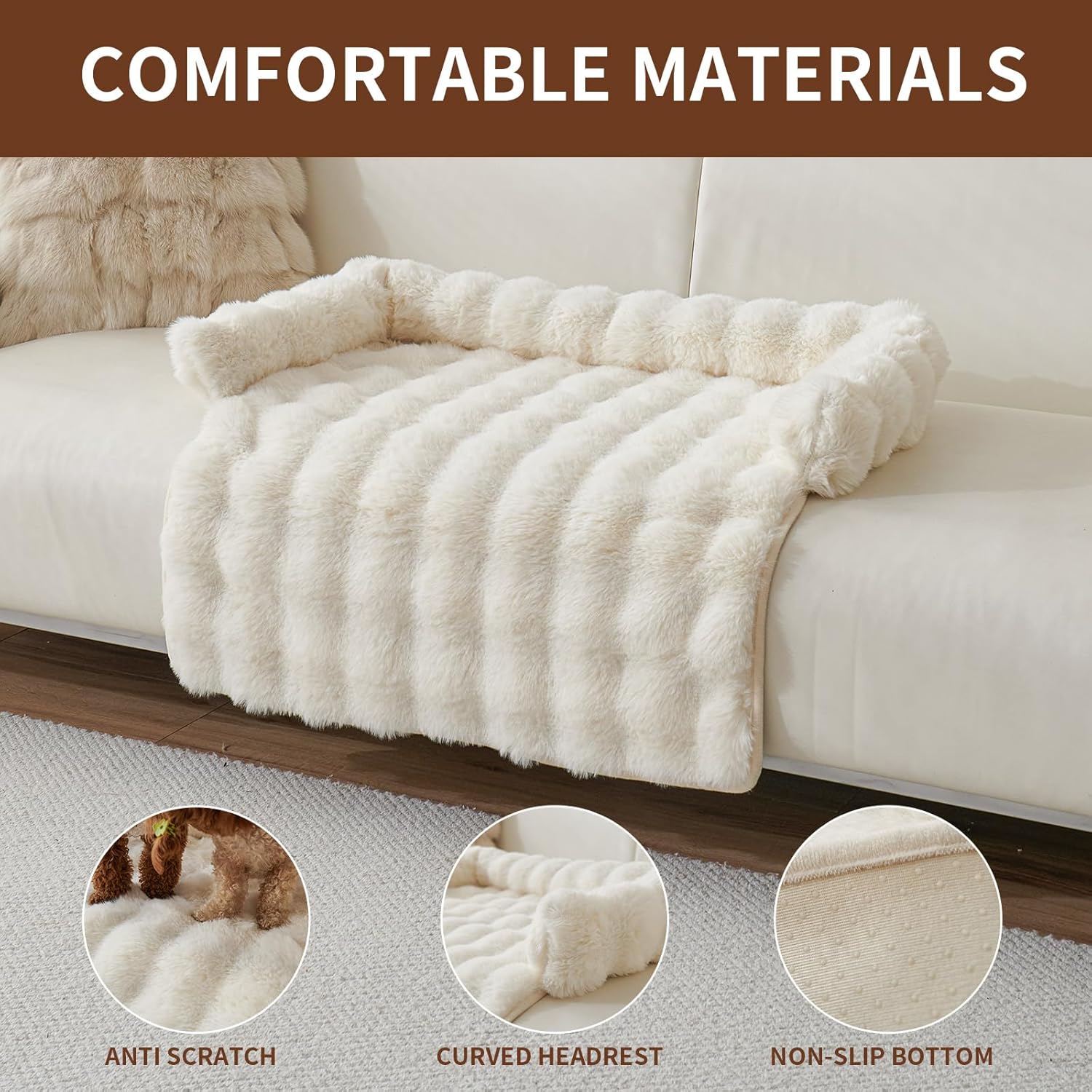 Luxurious Cozy Dog Couch Bed, Washable Removable Calming Pet Sofa Cover, Fluffy Plush Dog Mat for Furniture Protector and Car (Light Brown)