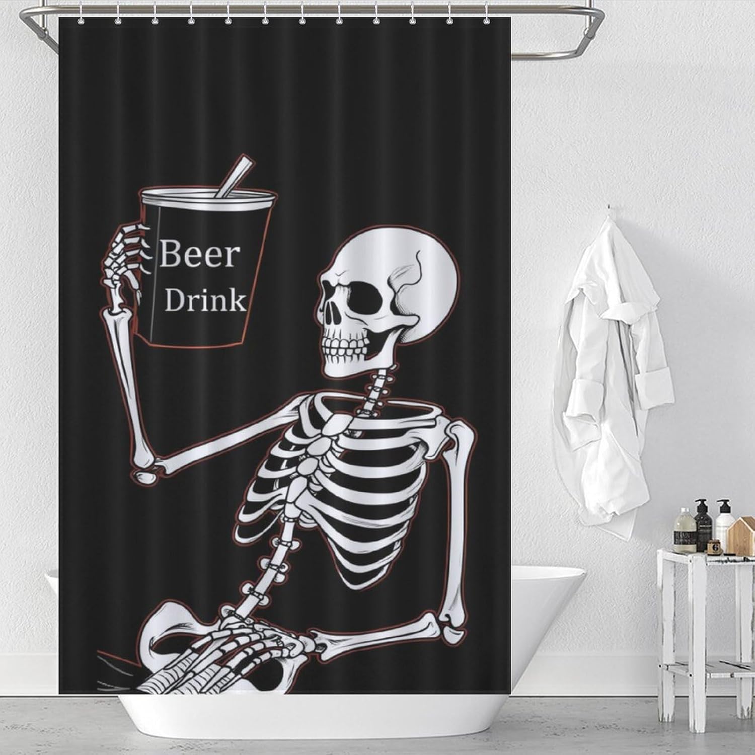 Skeleton Skull Beer Drink Funny Shower Curtains Washable Bath Curtain Liner with Hooks for Bathroom Bath Tubs