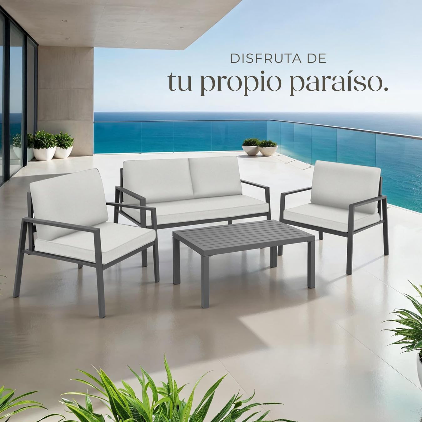 tectake® Conjunto de Muebles de Jardín 4 Piezas, 2 Sillones con Cojines Extragruesos, Muebles Jardin Exterior, Sofa Jardin y Mesa, Estructura Robusto Impermeable, Muebles Terraza Exterior - Gris Claro