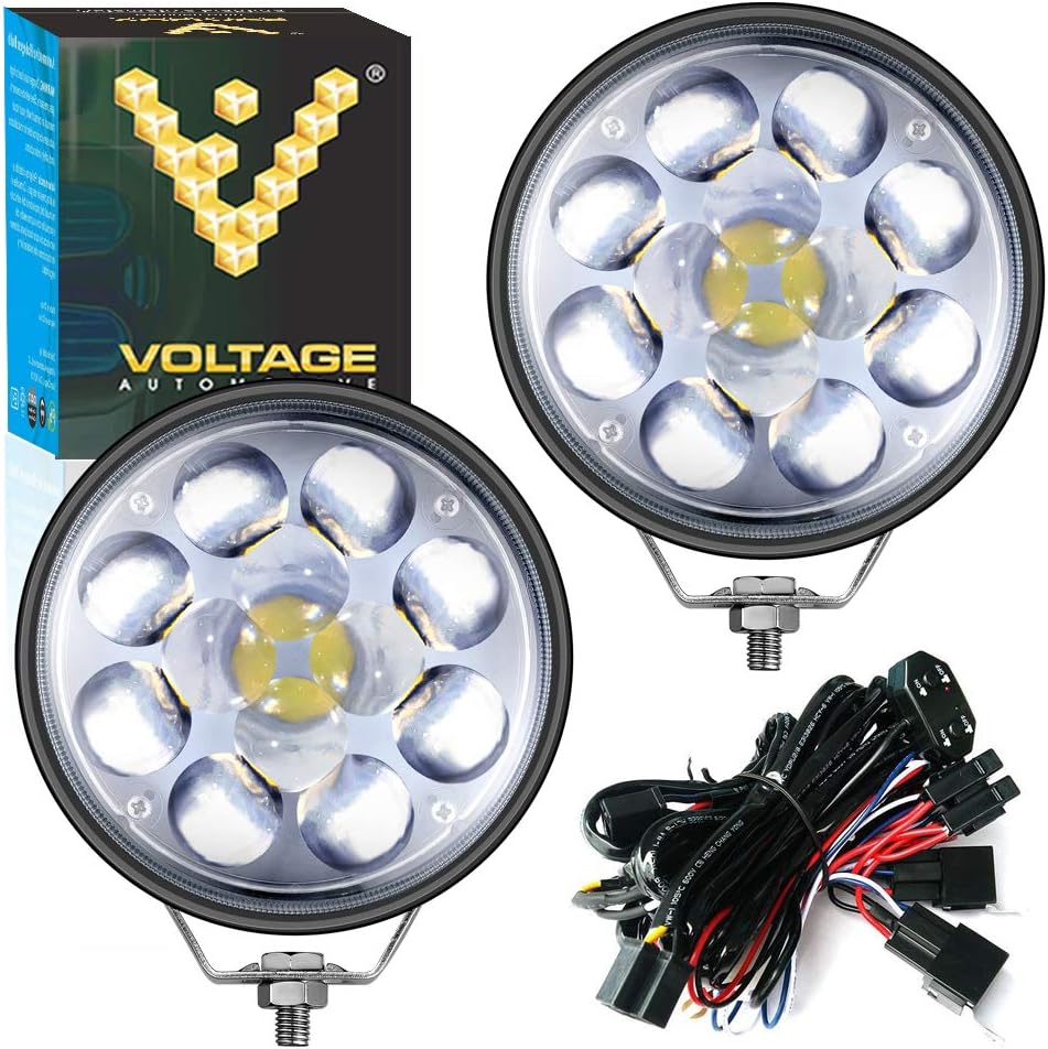 Voltage Automotive 5 Inch Round LED Pods Work Light with 4D Lens Spot Light Dual Beam High Low Beam 8000K for Off Road Truck 4x4 Jeep SUV ATV Vehicles Boat Marine and Automotive (2 Pack With Harness)