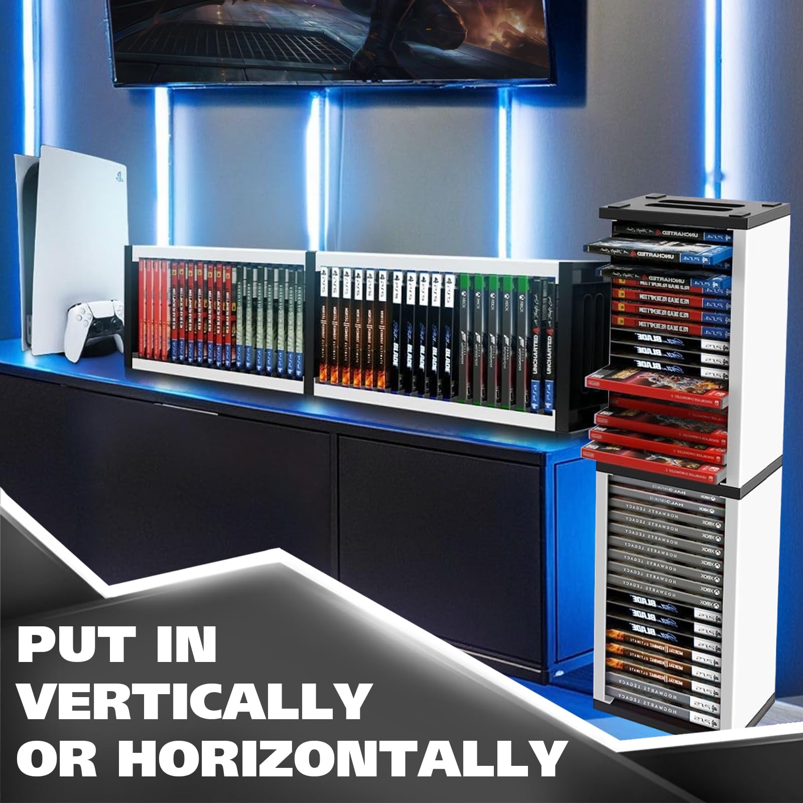 Game Disc Box Video Gioco Disc Scaffalatura - Storage Rack per giochi PS5, contiene 36 dischi di gioco, supporto per CD a torre DVD, 13 x 12,5 x 76 cm