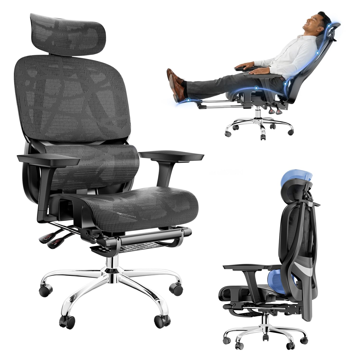 Cadeira de Escritório Ergonômica com Apoio para os Pés, Encosto Reclinável 145°, Apoios de Braço 3D Ajustáveis, Apoio de Cabeça e Lombar Ajustáveis, Mesh Transpirável, Cadeira para Home Office