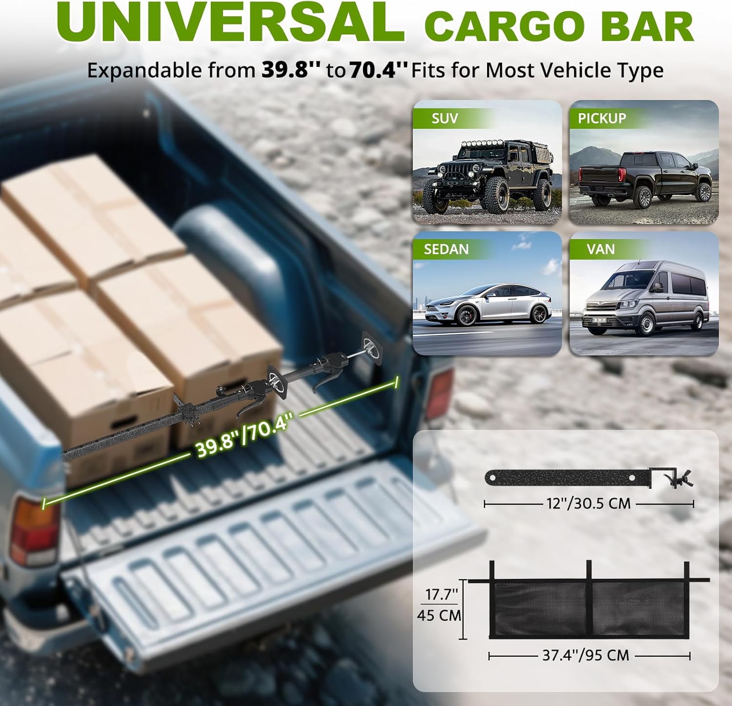 XINQIAO Truck Bed Cargo Bar for Pickup 39.4 in to 70.8 in Adjustable, Comes with a Net and a Divider, 200 LB Capacity Also Used for A Third Hand Support Pole