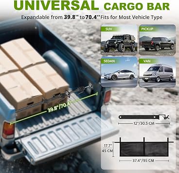 XINQIAO Truck Bed Cargo Bar for Pickup 39.4 in to 70.8 in Adjustable,  with a Net and a Divider, 200 LB Capacity Also Used for A Third Hand Support Pole, 2 Sets