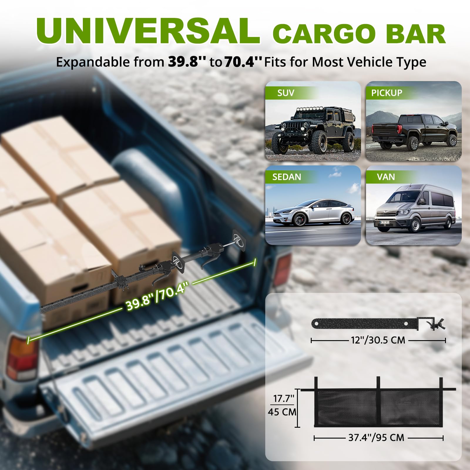 XINQIAO Barra di carico per camion per pick-up da 100,1 cm a 179,8 cm, regolabile, viene fornita con una rete e un divisore, capacità 90,7 kg utilizzata anche per un palo di supporto di terza mano