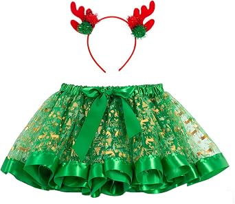 Girl Christmas Tutu Skirt with Elk Headband, Christmas Dress with Xmas Tree/Santa Hat/Snow for Toddler Kids Girl Gift