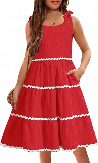Arshiner Girls Bow-Tie Straps Smocked Backless Tiered Sundress with Pockets | Girls Summer Sleeveless Flowy Swing Lace Tiered Midi Dress For Kids 5-12 Years