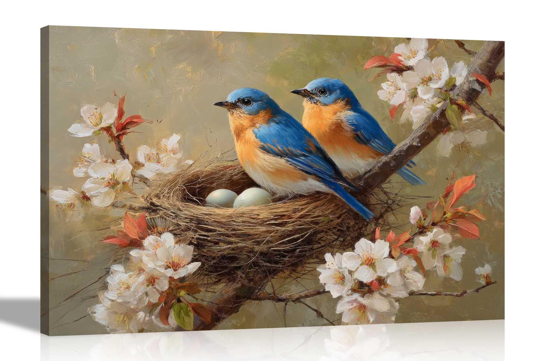 Artley Prints - Blue Birds in Nest White Flowers Canvas Wall Art For Home Office Conservatory Gardening Prints Pictures To Hang Extra Large 101 x 76cm (40 x 30 inches)