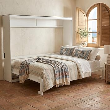 Queen Size Horizontal Murphy Cabinet Bed with Foldable Panel, Hidden Wall Murphy Bed with USB Charging Station, Space Saving, Slats Support, for Guest Room, Living Room (White)