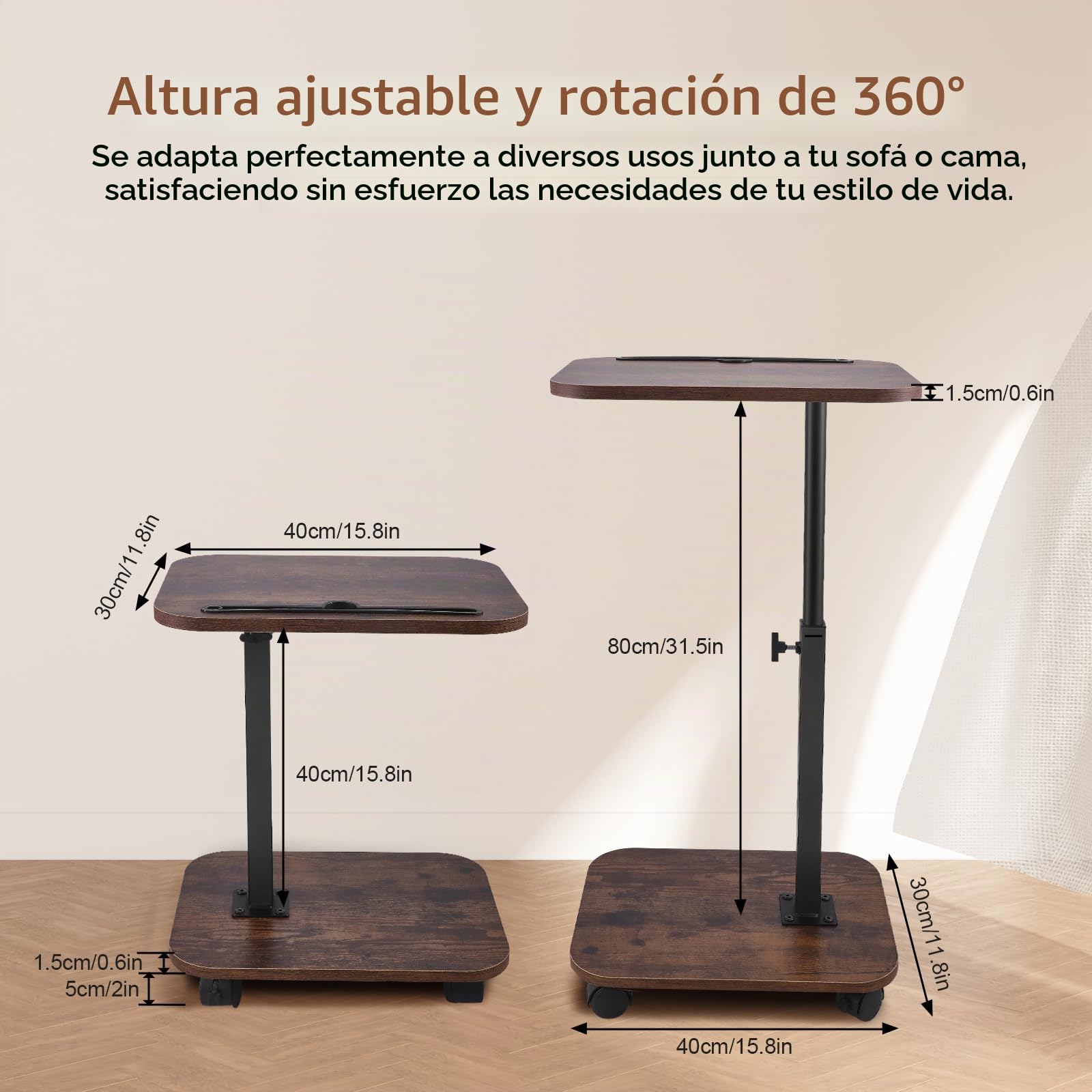 Mesa En C De Altura Ajustable con Plato Giratorio De 360° Y 4 Ruedas, Mesa Giratoria para Sofá, Cama Y Espacios Pequeños - Mesa Auxiliar Móvil con Frenos De Estacionamiento (Nogal)
