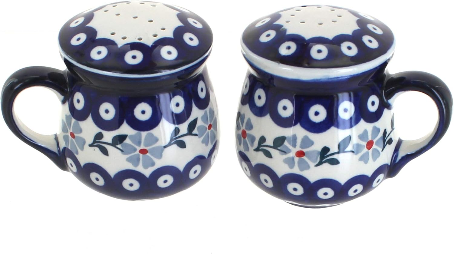 Blue Rose Polish Pottery - Blue Tulip Salt & Pepper Shakers with Handles - 3.75" Tall - Hand-Painted Ceramic Seasoning Set for Table & Kitchen
