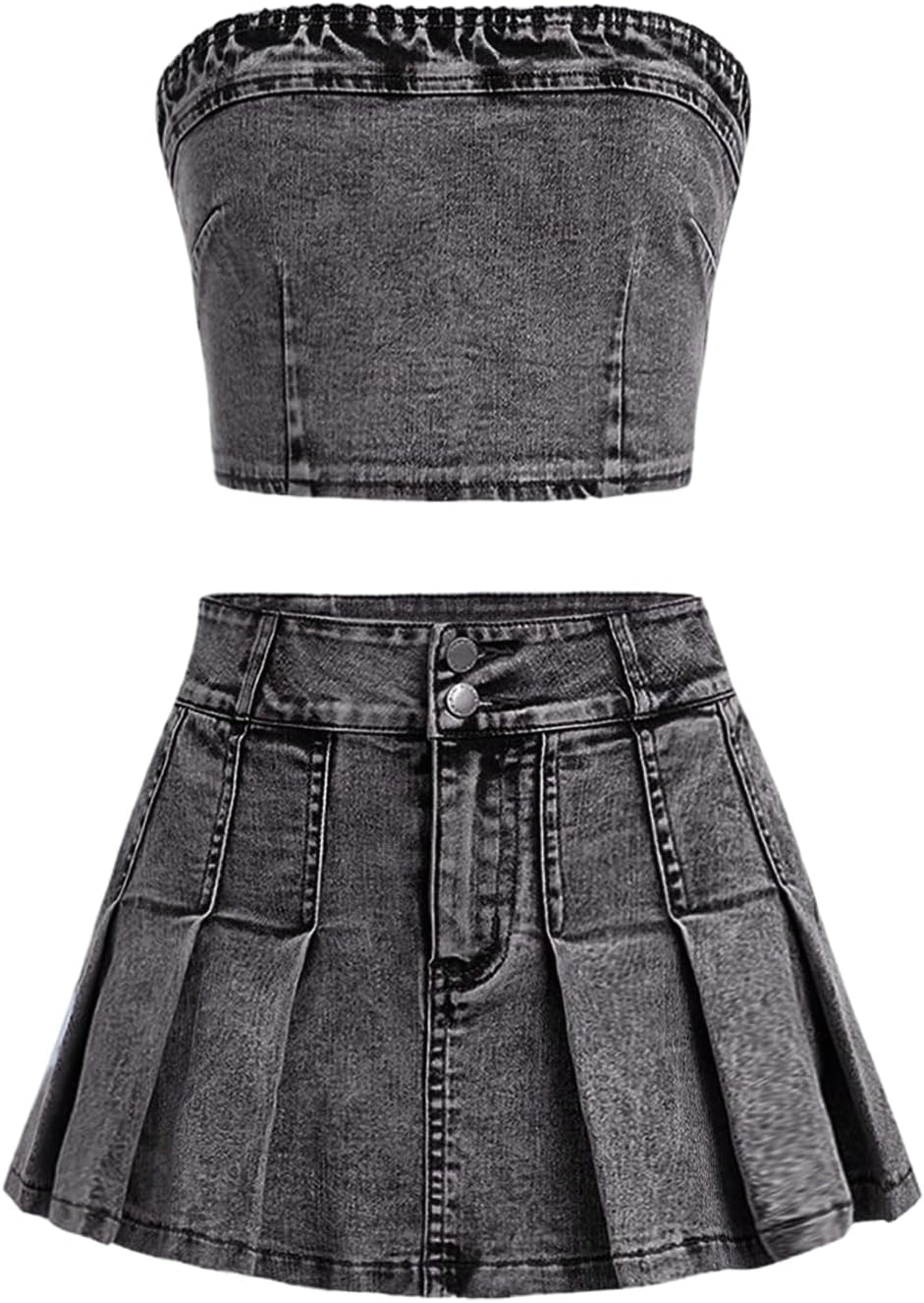WDIRARA Girl's Y2K 2 Piece Outfits Bandeau Tube Tops Jeans Denim Sets A Line Pleated Mini Skirt Set