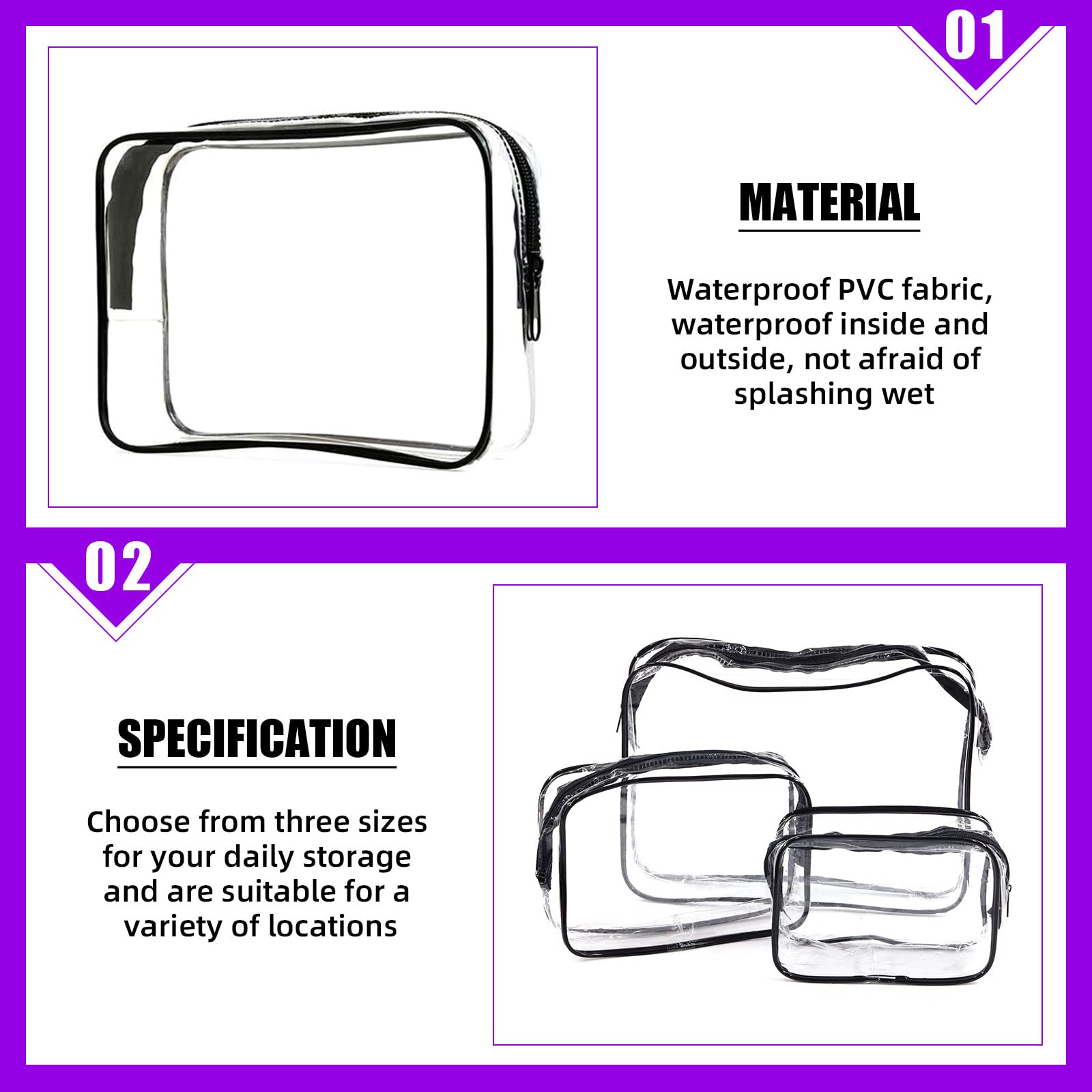 Swpeet 6Pcs 3 Sizes Clear Toiletry Bag Makeup Bags Waterproof Cosmetic Set - Image 3