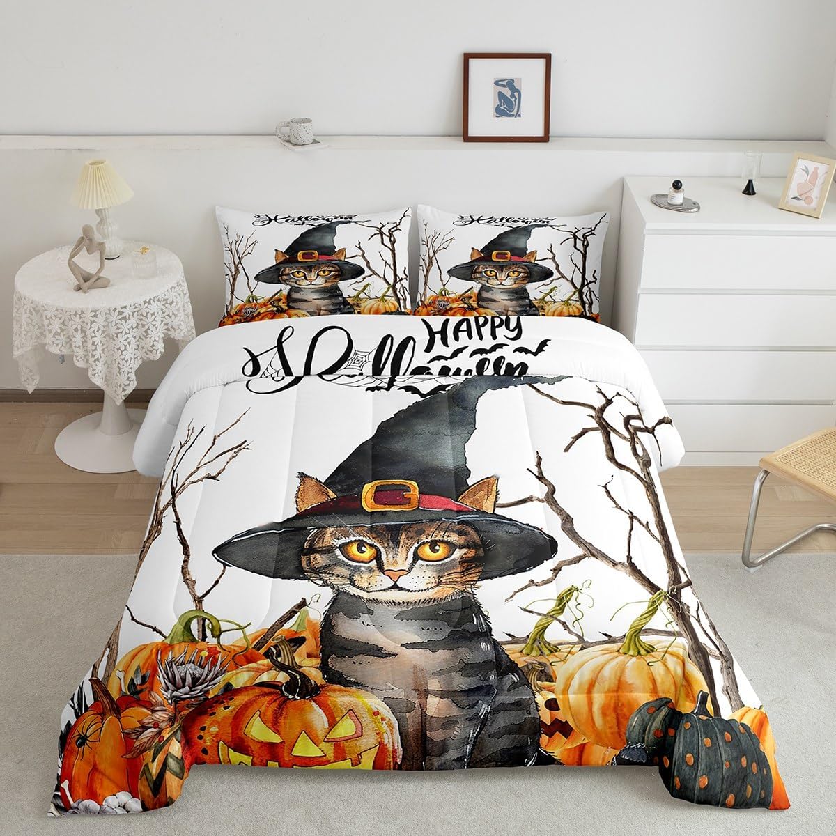 Manfei Cute Cat Comforter Set Queen Size, Autumn Pumpkin Bedding Set 3pcs for Kids Boys Bedroom Decor, Halloween Theme Spider Bat Print Quilt Set Soft Polyester Duvet Set with 2 Pillowcases