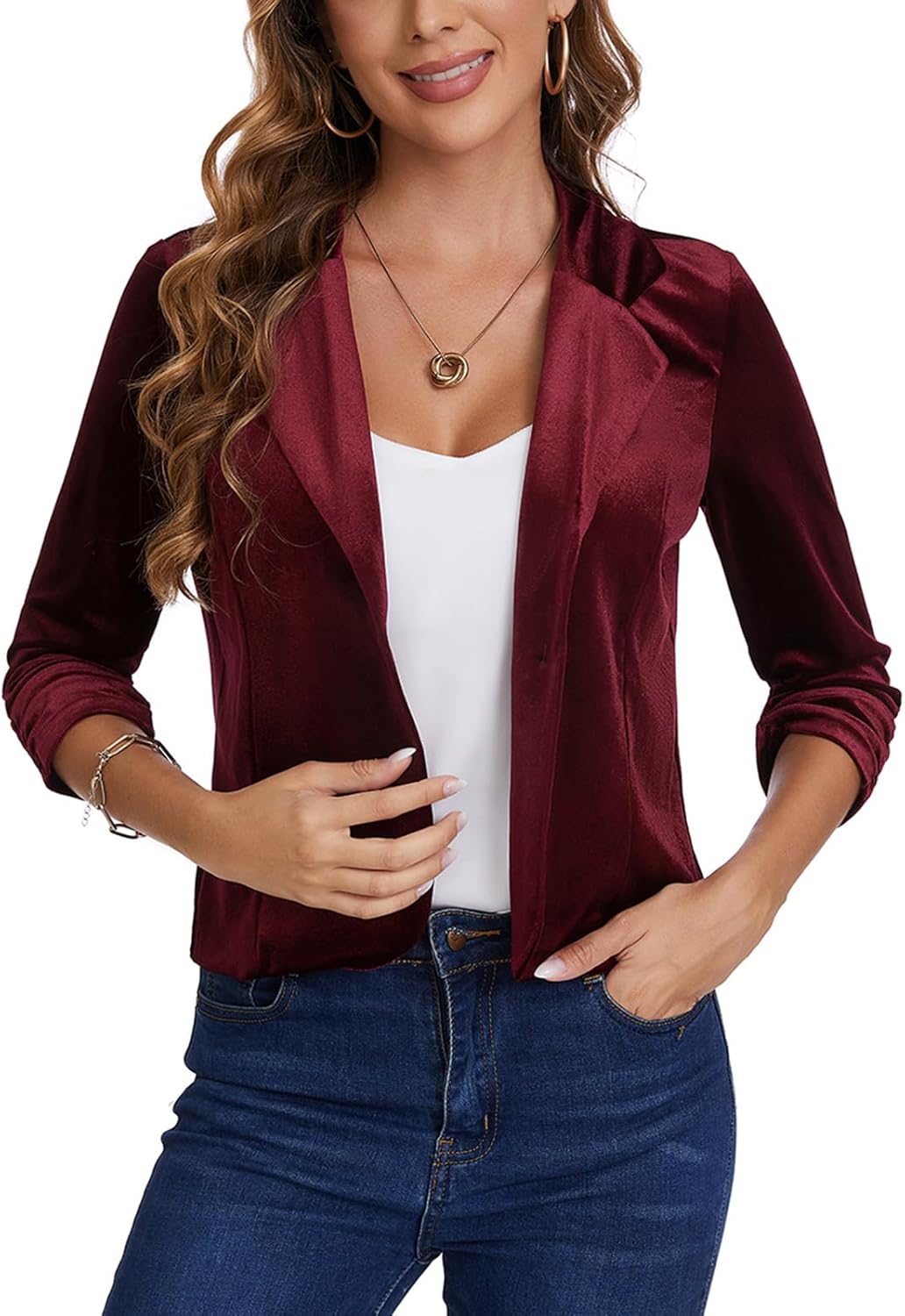 MINTLIMIT Women's Velvet Blazer Jacket Button Front Notched Lapel Long Sleeve Suit Jacket Loose Fitting Tailored Jacket Coat, Wine Red, M - Image 2