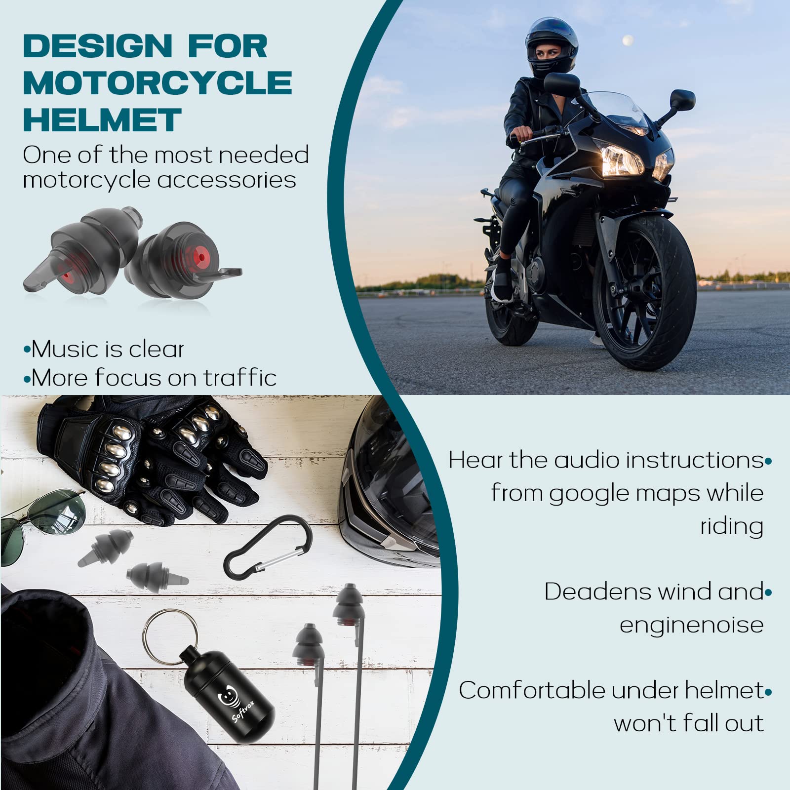 Lot de 2 paires de bouchons d'oreilles de moto avec cordon amovible, réduction du bruit du vent, protection auditive, confortables et réutilisables pour moto, course, moto, tourisme