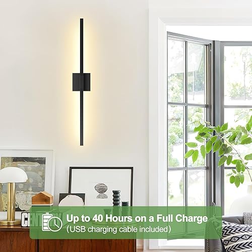 Miniatura 8 de Juego de 2 apliques de pared inalámbricos de 30 pulgadas, rotación de 360, 8000 mAh, luces de pared recargables con tacto y control remoto, 30