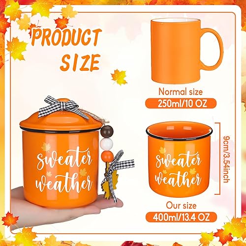 Miniatura 3 de Tanlade Tazas de café de otoño de Acción de Gracias, tazas blancas y naranjas con tapa, taza de cerámica con lazo a cuadros de búfalo y cuentas de