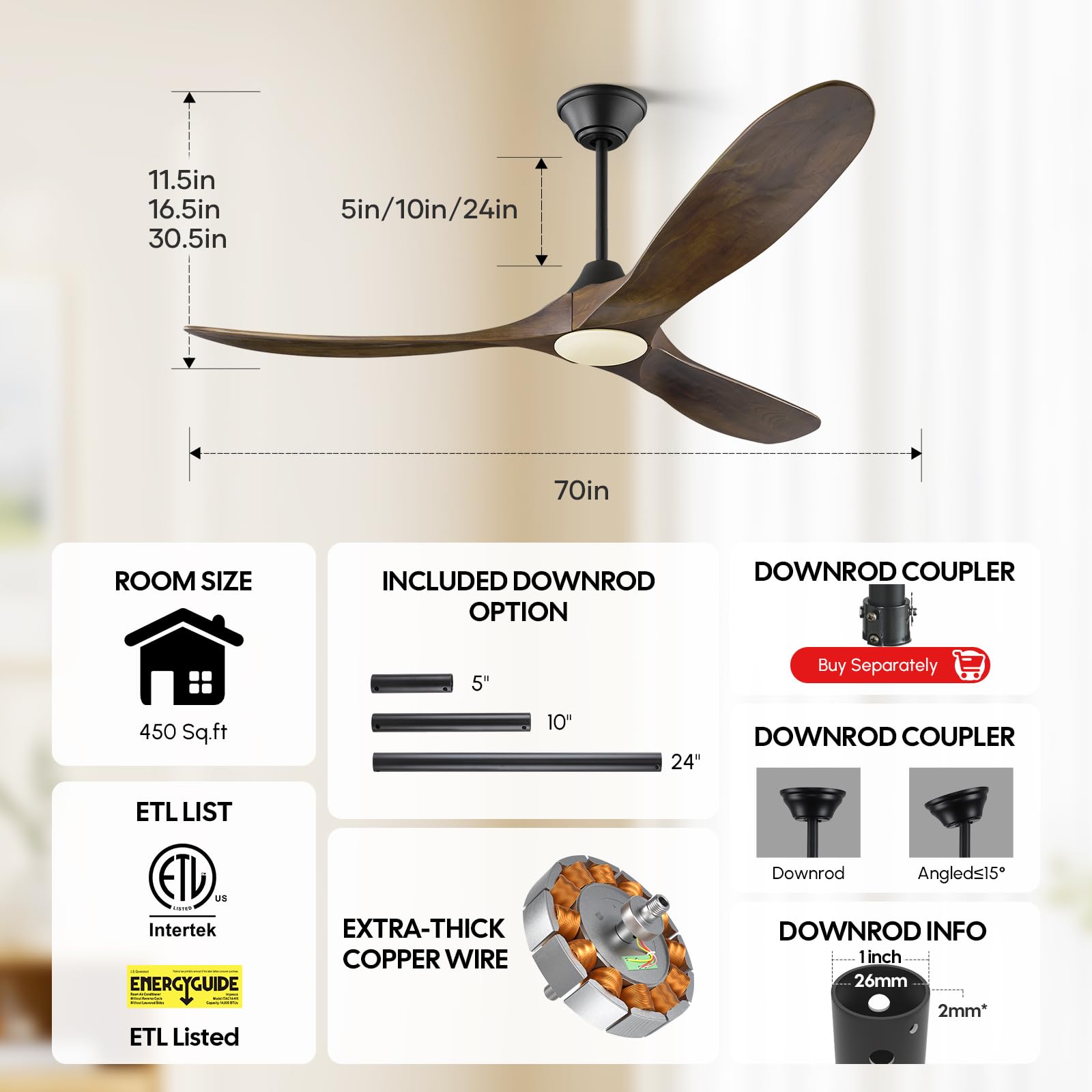 Ventilador de Techo de 178 cm con Luz y Control Remoto, 3 Aspas de Madera Maciza, Motor de CC reversible silencioso,Adecuado para dormitorios grandes, salas de estar, balcones y porches cubiertos
