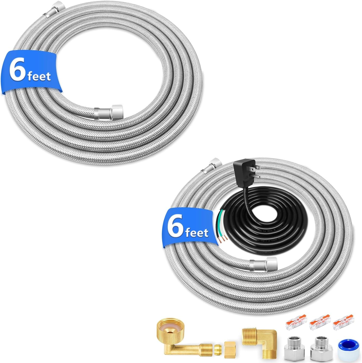 6 FT Stainless Steel Braided Water Supply Line with 3/8" Compression Connections for Dishwasher and Faucet(2pcs),Food Grade PEX Inner Tube Water Supply Line with Elbows,Adapters and 6 FT Power Cord