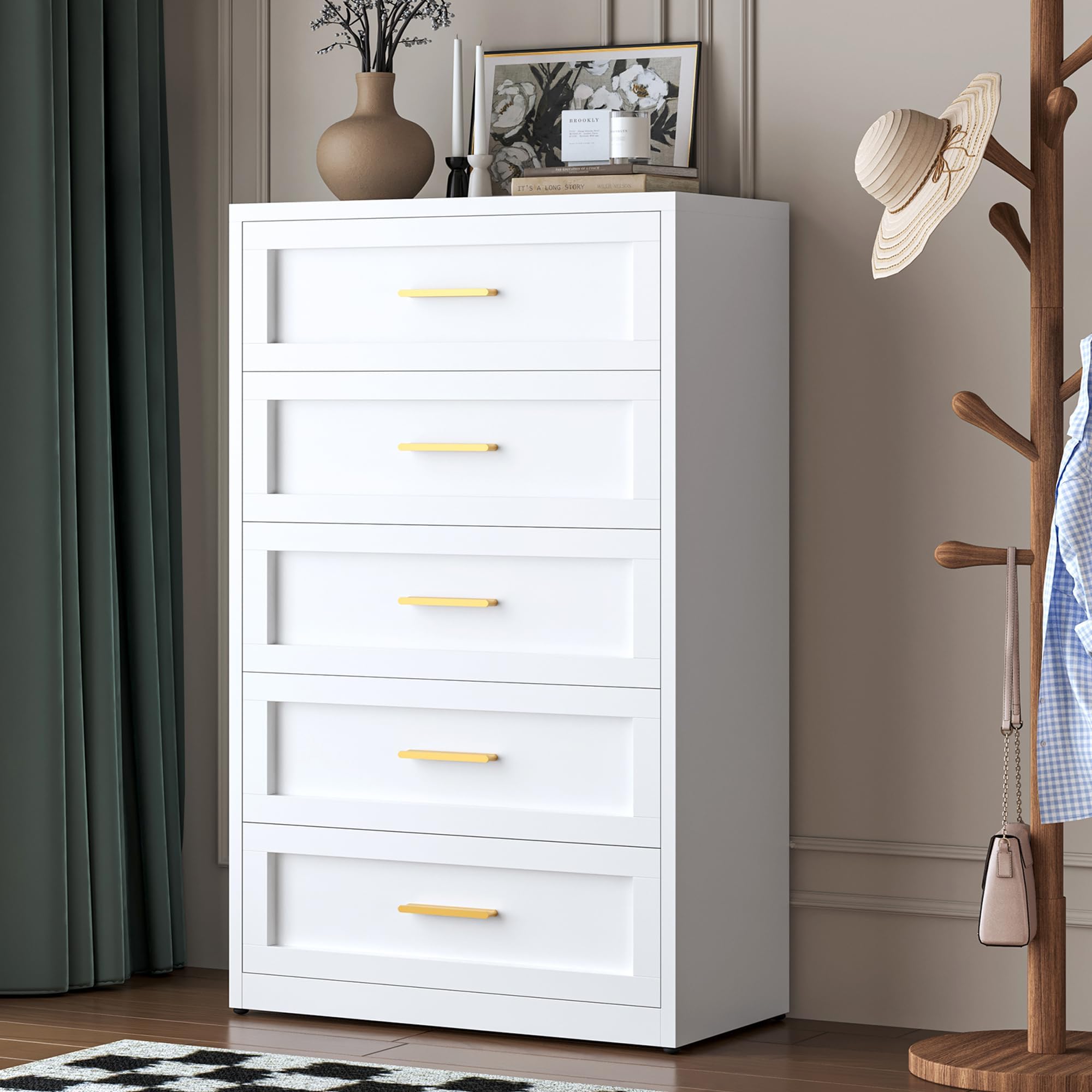 Amazon.com: Anbuy 4 Drawer Dresser White with Gold Handles, Drawer ...