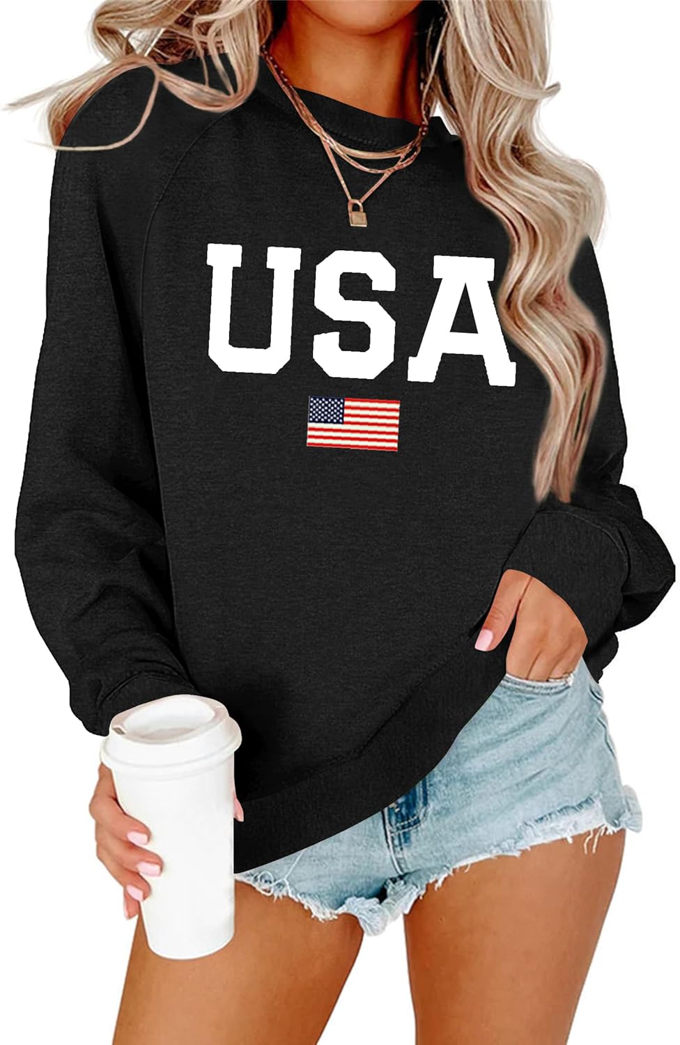 Lacozy Womens USA Sweatshirt Crewneck American Flag Sweater Long Sleeve 4th of july T shirts Loose Fit Pullover Tops Fall