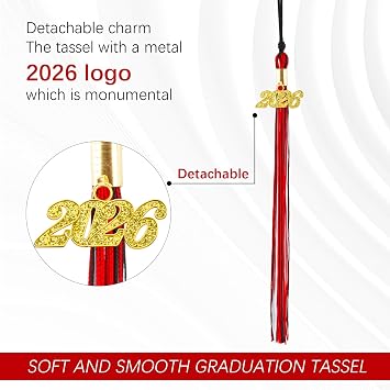 2pcs Tassels for Graduation Cap 2026, 2pcs 2026 Grad Tassel for Graduation Cap 2026, White Black and Red Tassel Gradu Decorations with Gold Tassels Charm, High School Gift for Her (Black/Red/White)