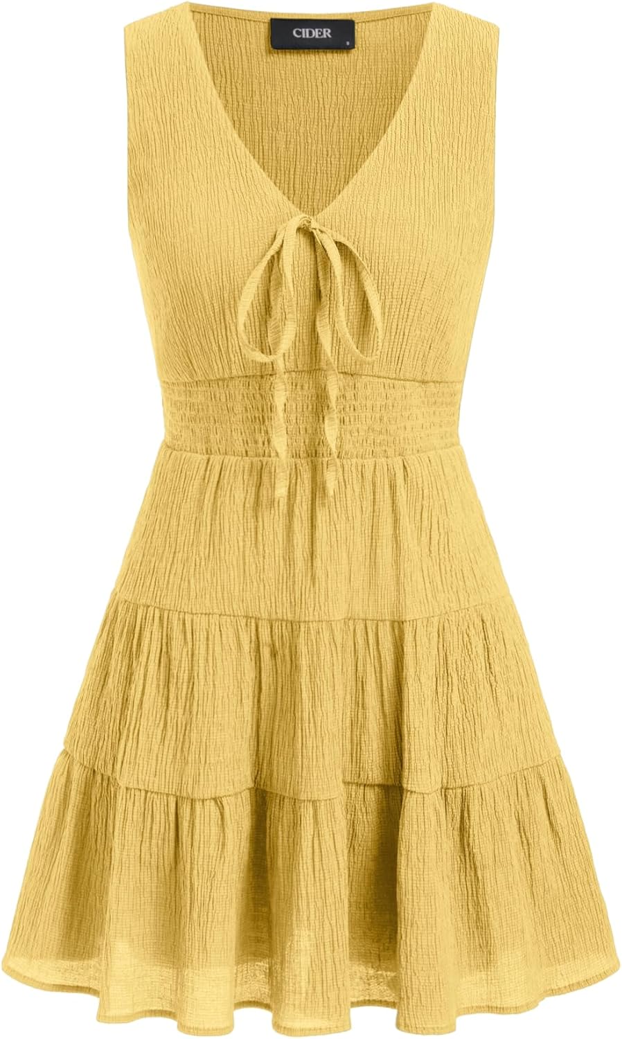 CIDER Women's Summer Mini Dress V Neck Bow Tie Tiered Sleeveless Sun Dress Flowy Beach Dresses Vacation Outfits