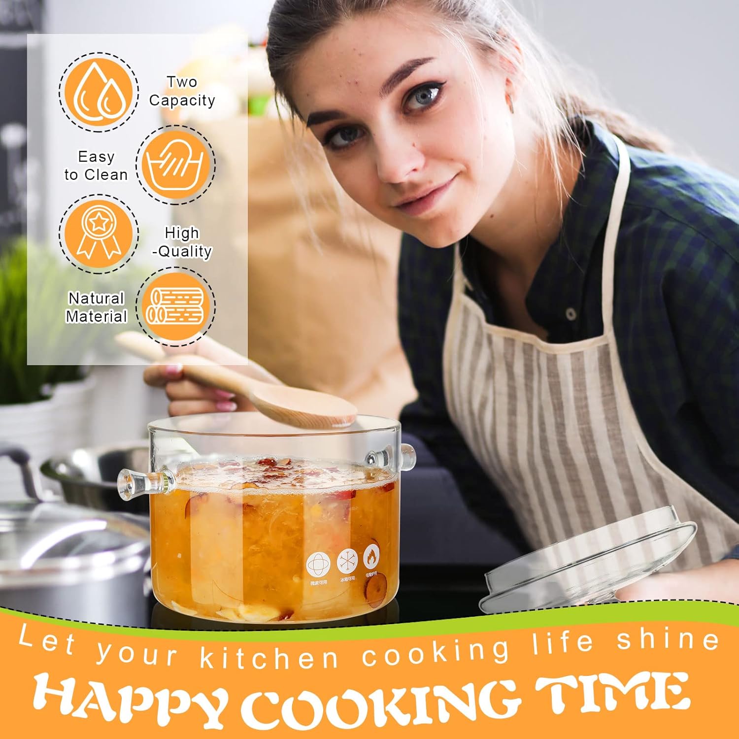 Zubebe 2 Pcs Glass Pots for Cooking on Stove Set Glass Saucepan with Cover Heat Resistant Clear Pots and Pans Set Stovetop Cookware Simmer Pot with Lid for Soup Milk(1.5 L, 1.9 L)