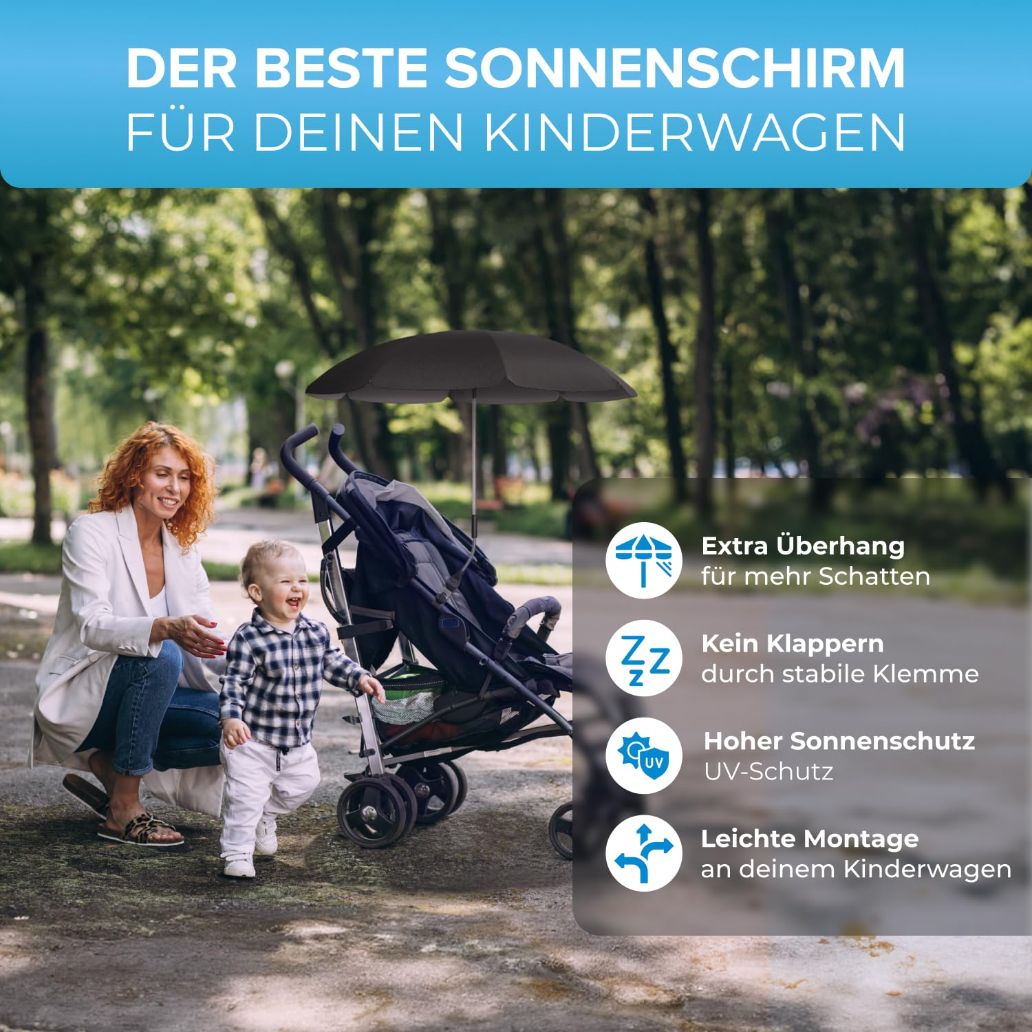 STYNGARD Sonnenschirm Kinderwagen UV Schutz 50+ / 70 cm Durchmesser mit Überhang - Sonnenschutz Kinderwagen - Sonnenschutz Buggy mit flexibler Universalhalterung Modell ROME
