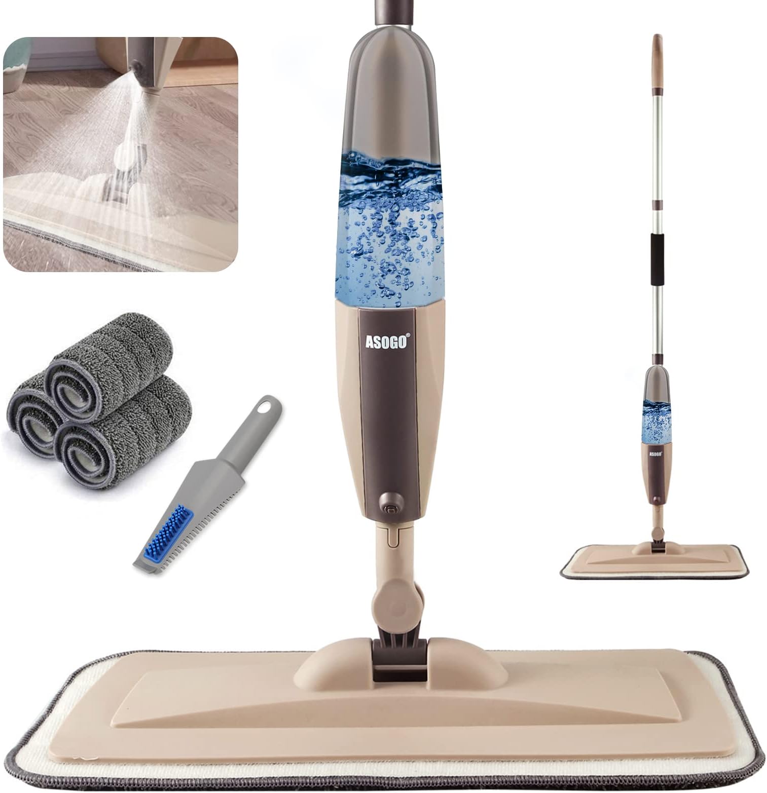 Spray Mop for Floor Cleaning, Floor Mop with a Refillable Spray Bottle and 3 Washable Pads, Flat Mop for Home Kitchen Hardwood Laminate Wood Ceramic Tiles Floor Cleaning (Brown)