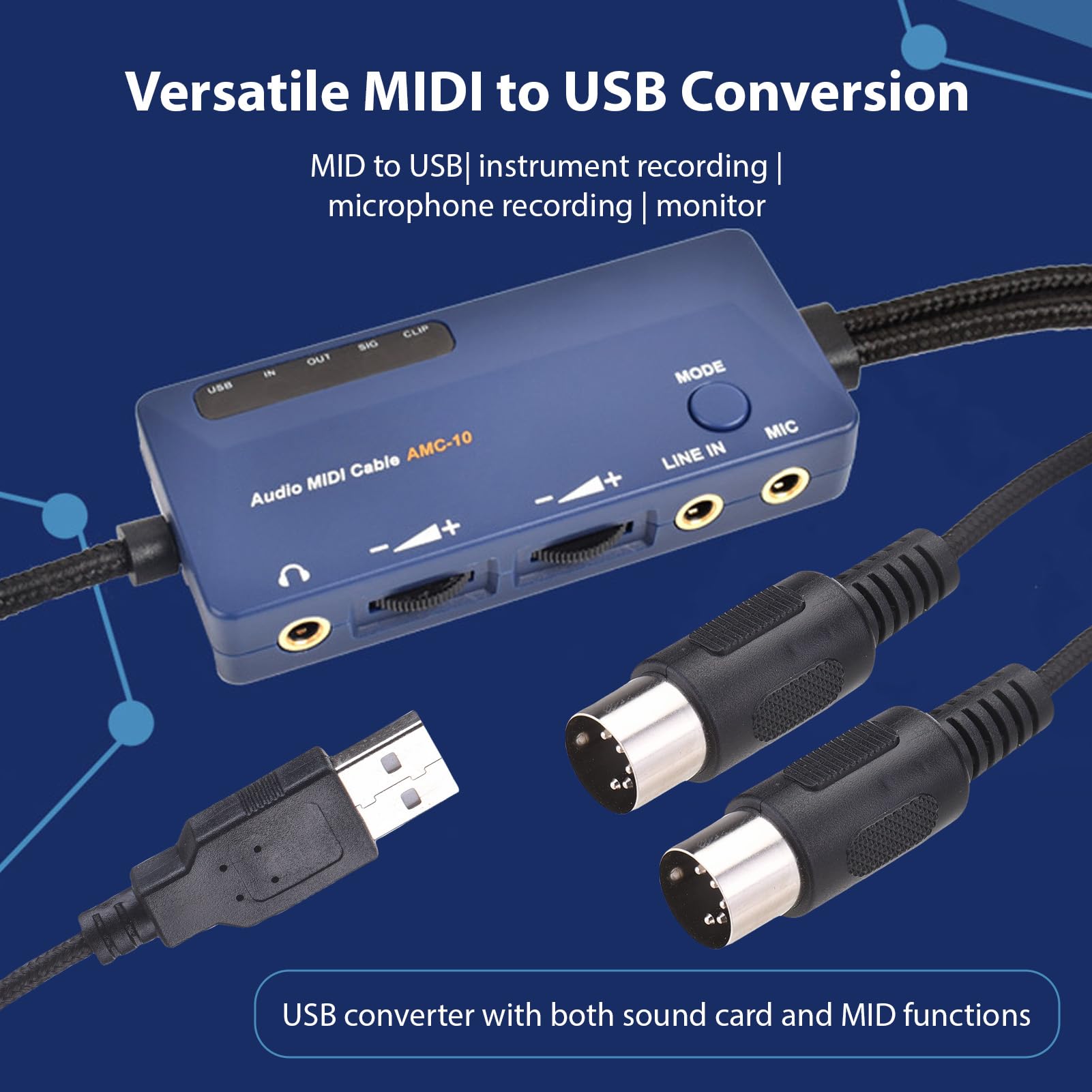 Luocute Cavo MIDI a USB, Interfaccia Audio MIDI per Editing di Registrazioni con Effetti Sonori 3D Reverb Chorus Integrati, Uscita di Ingresso Standard a 5 Pin per Tastiera, (Interfaccia da a