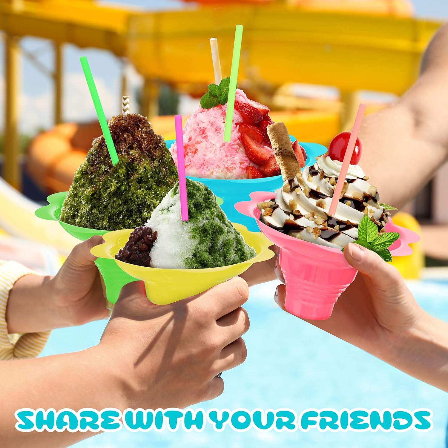 Skylety 100 Set Colorful Flower Snow Cone Cups with Spoon Straws, 8 oz Snow Cone Bowl, Plastic Ice Cream Snacks Bowls, Shaved Ice Drip Cups for Birthday Summer Holiday Party Trifle and Shaved