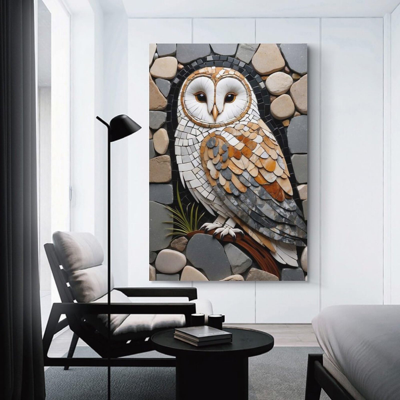 Junmoney Decorative Canvas Print Stone Mosaic Owl Art, 24x36inch(60x90cm), for Lounge, Bedroom Or Personal Spaces, A Wall Art Gift for Fresh Interiors